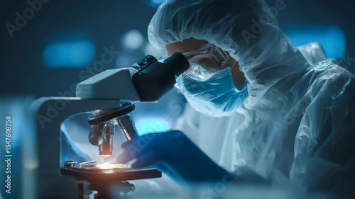 Professional scientist in protective gear is using microscope in a laboratory setting, close-up. Science and medicine concepts