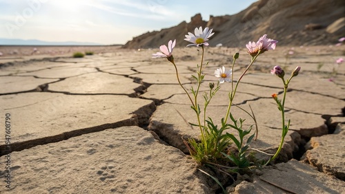 Wildflowers sprouting in crevices between dry rocks, contrast of fragility and hardness