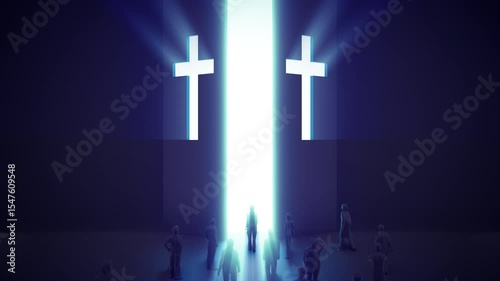 Large opening and closed gate or door with christian symbol of cross. People stand in front of entrance or exit of church. Shining bright light in dark room. 3d animation.
