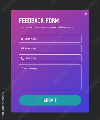 Feedback form. Form template for the user interface. Vector illustration isolated on black background.