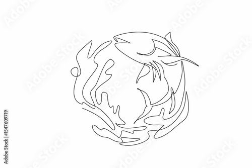 Single continuous line drawing tuna jumps and there is a water splash in the shape of a semicircle. Logo. Emblem. Badge. Related to fish and sea. World Tuna Day. One line design vector illustration