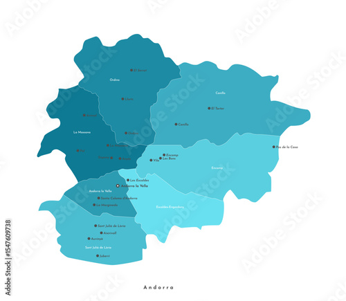 Vector isolated illustration. Simplified administrative map of Andorra. Blue shapes of regions. Names of big cities and torism villages in Andorra