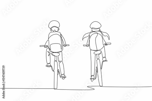 Single one line drawing rear view of a boy and a girl riding a bicycle side by side. Be aware of safety while biking. Bikers. National Bike to School Day. Continuous line design graphic illustration