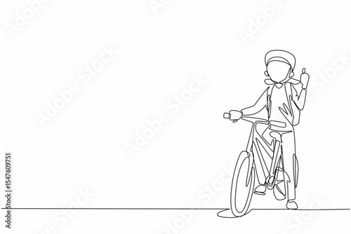 Continuous one line drawing girl stands on bicycle with one hand forms thumbs up gesture. Pumping up adrenaline for knowledge. National Bike to School Day. Single line draw design vector illustration