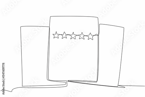Single continuous line drawing 3 sheets of paper with the front sheet containing 5 stars. Evaluation review sheet. Better improvement. Feedback. Write a Review Day. One line design vector illustration