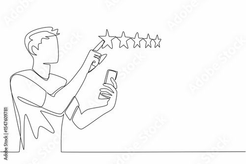Continuous one line drawing man holds smartphone and other hand points to 1 star out of 5 stars. Honest evaluation based on experience. Write a Review Day. Single line draw design vector illustration