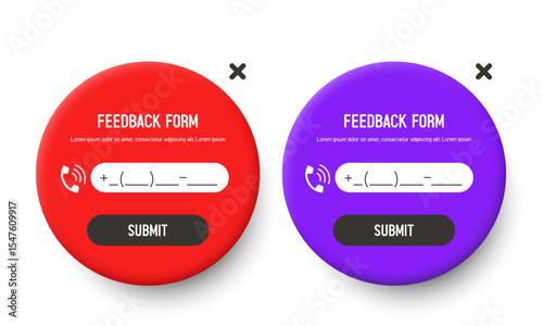 Feedback form. Free call form, call me. Round orange and grey forms in claymorphism style. Vector clipart.