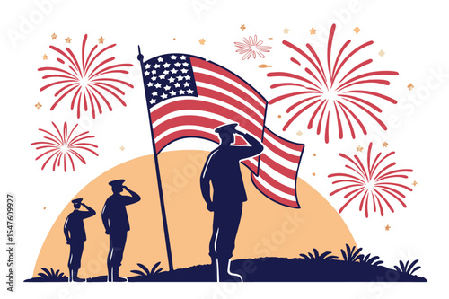 Flat Vector of Soldiers Saluting USA Flag with Sunset and Fireworks Background – Silhouette Design