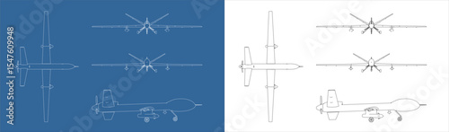 Set  UAV military drone Vector blueprint line art draw wireframe  isolated on blue and transparent background
