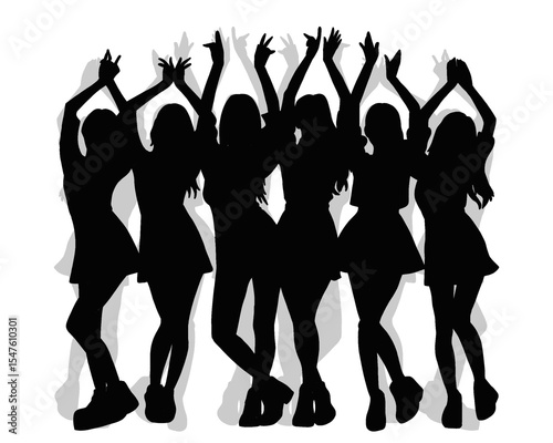 Silhouette of female idol group, group of beautiful women dancing and partying, icon isolated on white background
