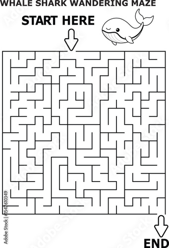 Whale Shark Maze Game Black and White Cartoon Illustration