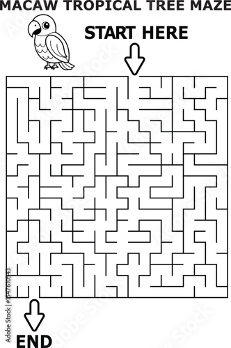 Macaw Tropical Tree Maze Game Black and White Illustration
