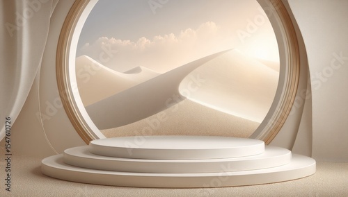 Beige Podium with Desert Sunset View Through Round Window
