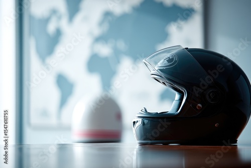 Helmet Silhouette Positioned Against a World Map Backdrop Inside a Modern Room With a Minimalist Design