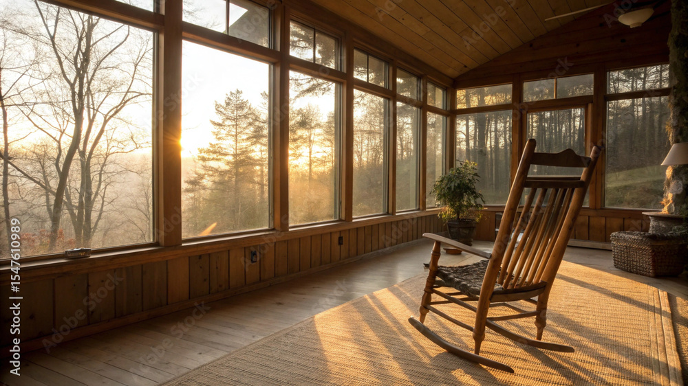 Peaceful Porch Vibes – Wooden Rocking Chair in Morning Light Peaceful Porch Vibes – Wooden Rocking Chair in Morning Light