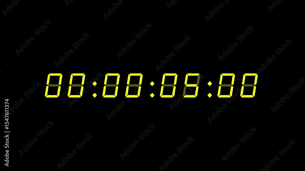 8-digits digital clock count up timer with yellow digits on black background. 60 seconds (1 minute) Retro digital alarm clock