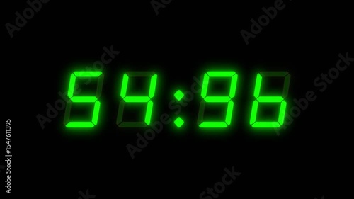 A four number, 60 second digital clock counting down. Green integers on a black background with a red glowing dot. Retro digital alarm clock with glow