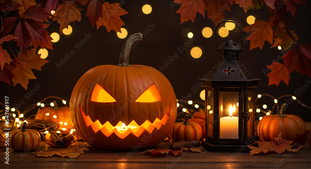Fototapeta premium Spooky halloween jack o lantern with autumn leaves and lantern