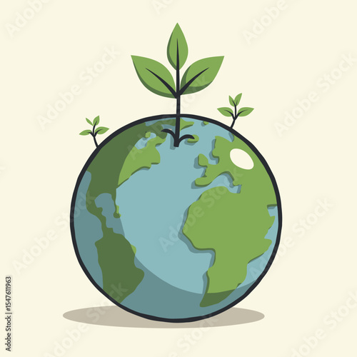 Young plants sprout from a stylized Earth globe, symbolizing environmental growth and sustainability.