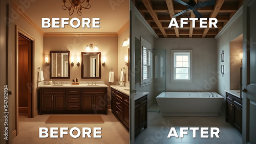 Before and After Slider Revealing Completed Custom Master Bathroom Under Photo of Unfinished Constru