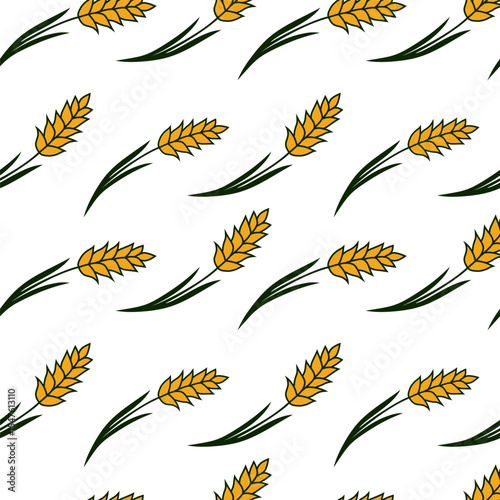 Seamless pattern with wheat on a white background. Doodle style ornament for printing on fabric, textile and wrapping for autumn festival, harvest, advertising of farm products