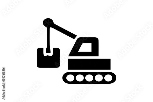 The image depicts a bold, black icon of an excavator on a white background. The excavator is shown with a long articulated arm connected to a bucket or scoop