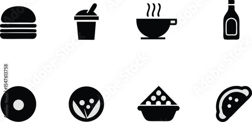 Food and drink icon set. Containing burger, soda, bread, cocktail, pizza, beer, apple, coffee, water and more. Solid vector icons collection.