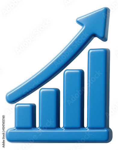 Blue ascending bar chart in a glossy style, representing growth and success on transparent background.
