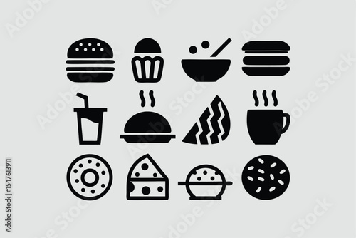 Food and drink icon set. Containing burger, soda, bread, cocktail, pizza, beer, apple, coffee, water and more. Solid vector icons collection.