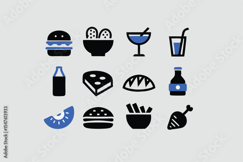 Food and drink icon set. Containing burger, soda, bread, cocktail, pizza, beer, apple, coffee, water and more. Solid vector icons collection.
