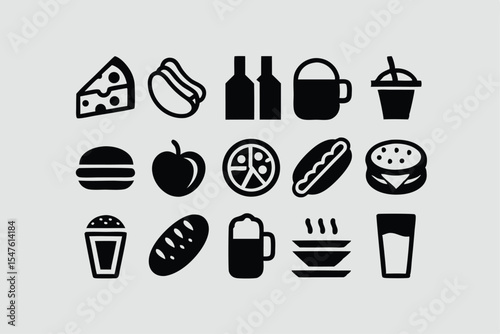 Food and drink icon set. Containing burger, soda, bread, cocktail, pizza, beer, apple, coffee, water and more. Solid vector icons collection.