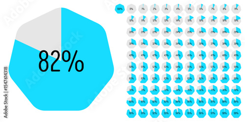 Set of heptagon percentage diagrams meters from 0 to 100 ready-to-use for web design, user interface UI or infographic - indicator with blue