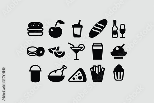 Food and drink icon set. Containing burger, soda, bread, cocktail, pizza, beer, apple, coffee, water and more. Solid vector icons collection.