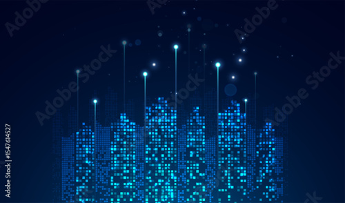 Abstract cityscape with bright glowing lights. Graphic concept for your design.