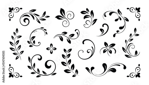 Vintage Floral Swirl Decorative Vector Set - Elegant Leaf Ornaments, Flourishes, and Corner Design Elements