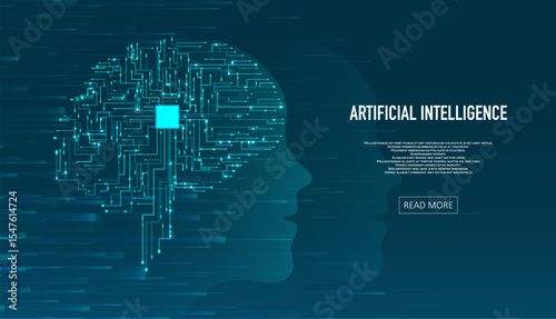 Artificial Intelligence illustration of brain. Machine learning concept. Abstract glowing brain connections. Particles liquid dynamic flow. Graphic concept for your design
