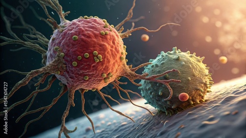Leukemia illustration concept. Cellular illustration showcasing interactions between cancerous and healthy cells.
