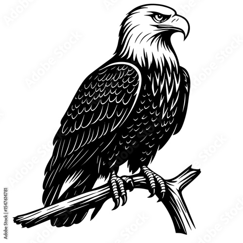 Majestic Bald Eagle Perched on Branch in Black and White Wildlife Drawing  
