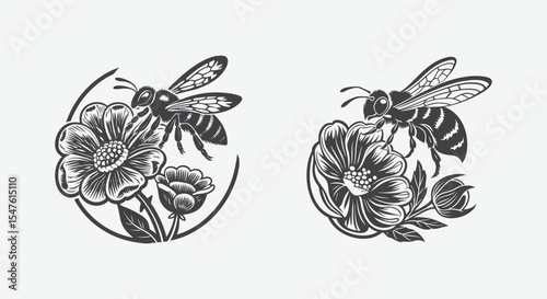 Bee Collecting Nectar from a Blooming Flower in Elegant Silhouette Style for Nature and Wildlife Theme