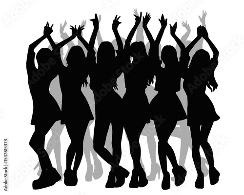Silhouette of female idol group, group of beautiful women dancing and partying, icon isolated on white background
