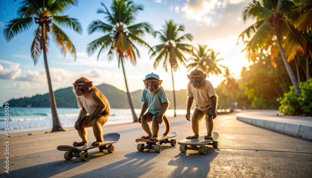 Obraz premium trois singes sur des skateboard en bord de plage 7
