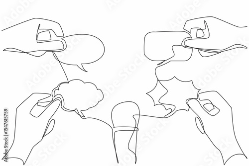 Single continuous line drawing a mic in the middle of 4 callouts of various shapes held by hand. Social media comments. Like journalists. National Public Radio Day. One line design vector illustration