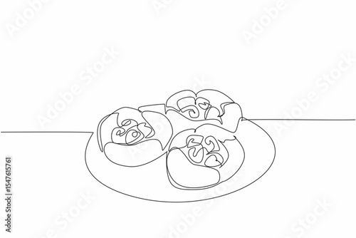 Continuous one line drawing 3 raspberry popovers on a small plate. High fiber snack for kids. For the weekend. Delectation. National Raspberry Popover Day. Single line draw design vector illustration