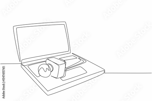 Continuous one line drawing microphone above laptop keyboard. Independent reporting. Distributed via social media. Random source. National Public Radio Day. Single line draw design vector illustration