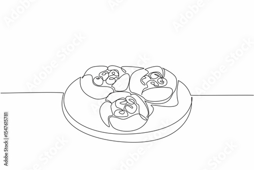 Single one line drawing 3 raspberry popovers on round wooden cutting board. Fresh from the oven. Sweet and sour refreshing. National Raspberry Popover Day. Continuous line design graphic illustration