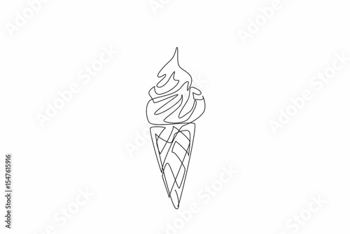 Single one line drawing vanilla ice cream cone topped with melted chocolate. Enjoy in the park. On the beach. In the summer. National Chocolate Custard Day. Continuous line design graphic illustration