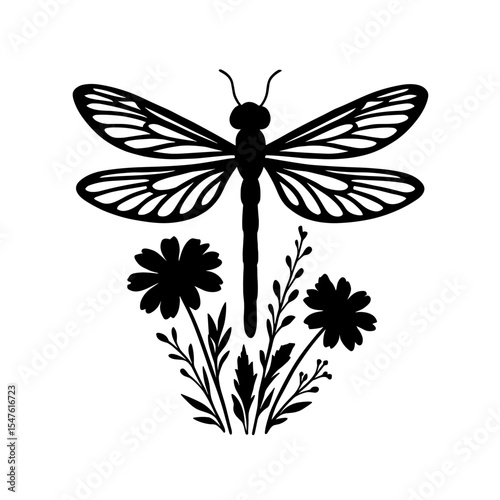 Dragonfly Resting Among Flowers in Black and White Nature Illustration  
