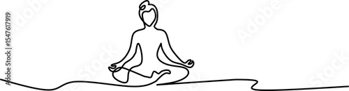 continuous line drawing of a person meditating in lotus pose. Simple, peaceful design representing mindfulness, yoga, inner peace, and spiritual balance.