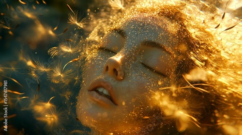 Golden woman underwater, dandelion seeds