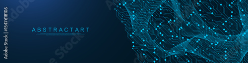 Artificial Intelligence or machine learning vector design. Quantum computer technology concept with circuit board and motherboard texture background design. Waves flow quantum explosion